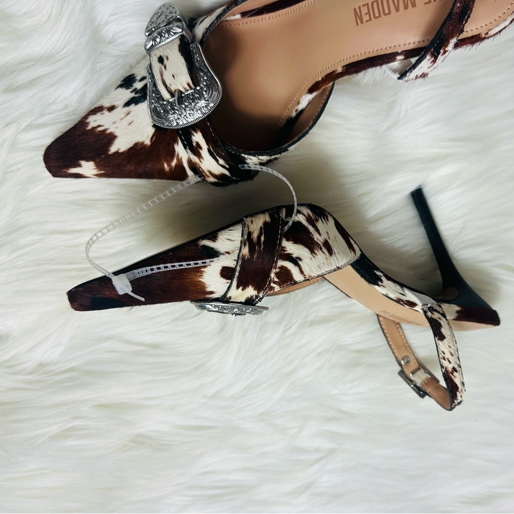 Steve Madden Brown White Cow Print Pointed Slingback Heels with Silver Buckles - Picture 3 of 12